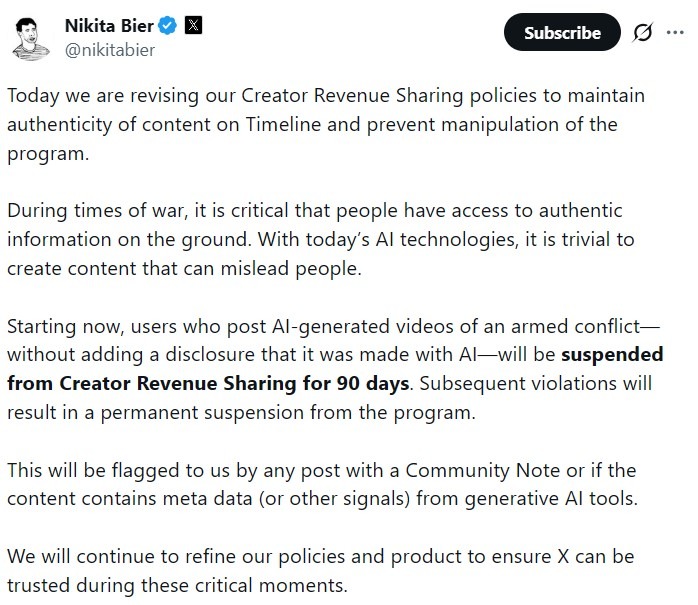 X 平台推出新规：未标注的 AI 战争视频将面临 90 天收益分成禁令